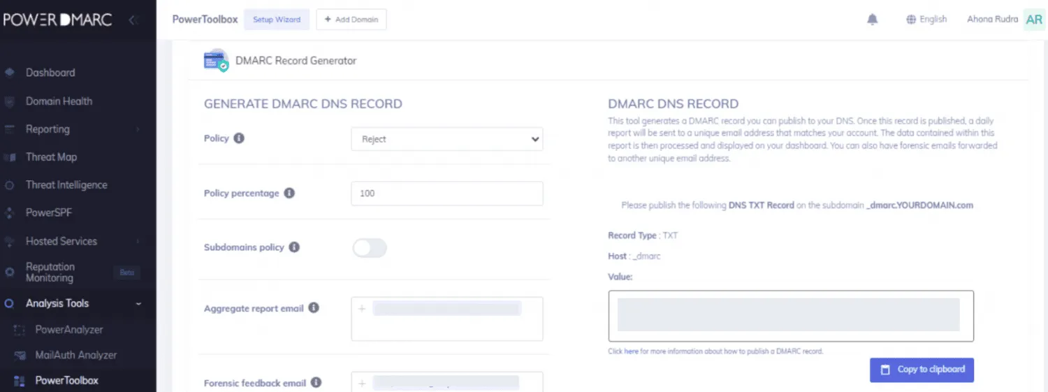 DMARCジェネレーターツールを使用して、ShopifyのDMARC用のTXTレコードを作成する