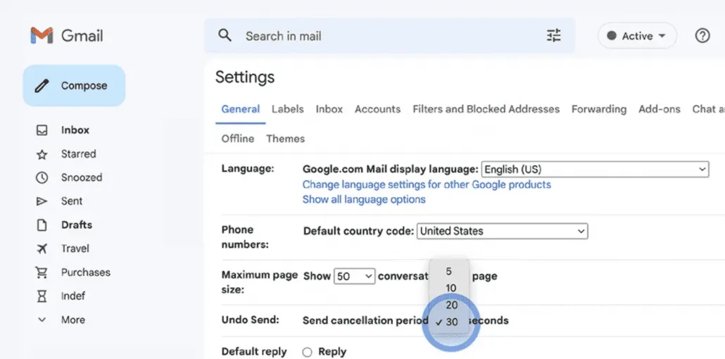 Gmailでの送信取消時間設定