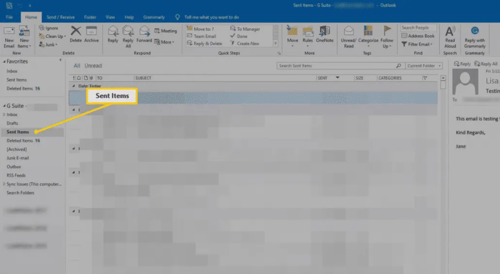 WebクライアントのOutlookでの送信済みメール